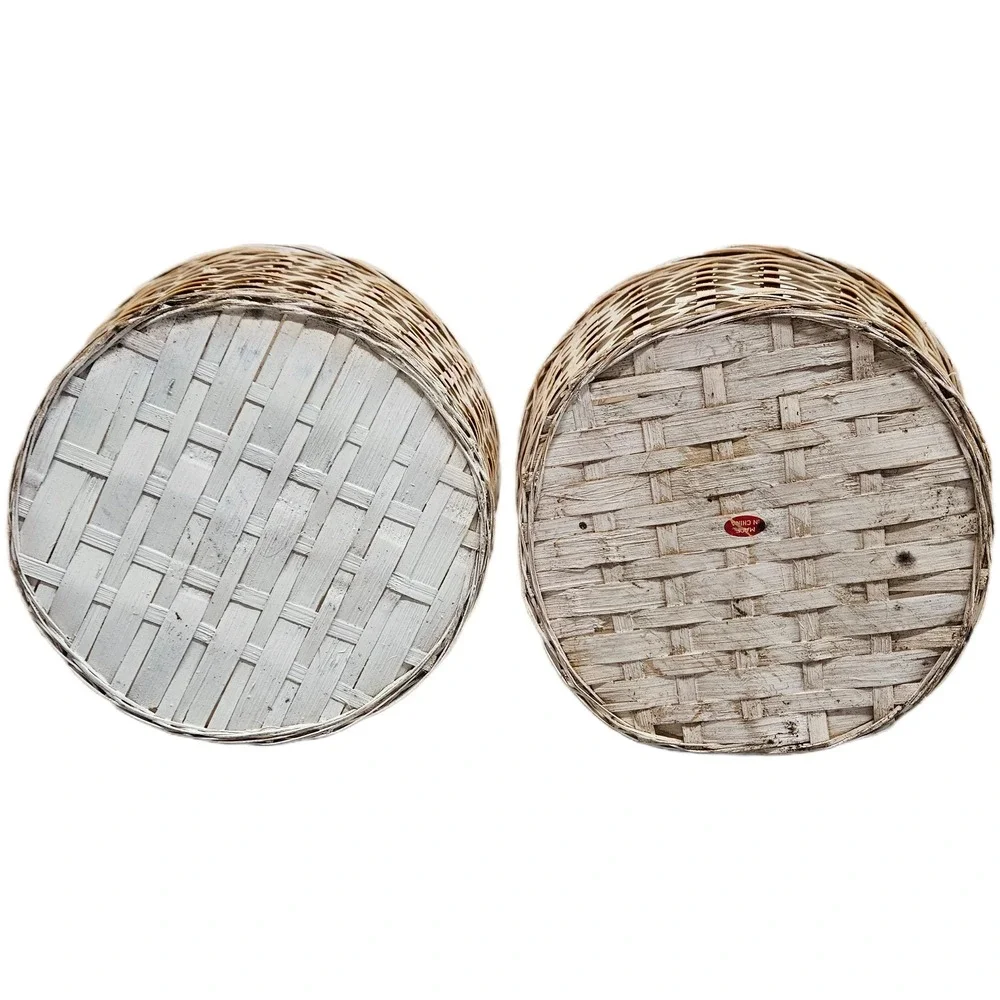 Set of 2 Rustic White Wash‎ Woven Baskets Plant Pot Cover Storage Containers